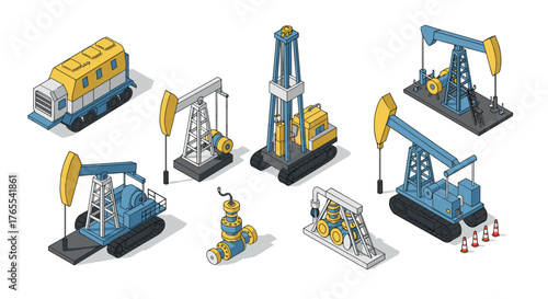 Industrial rig set featuring isometric oil pump jacks and heavy machinery