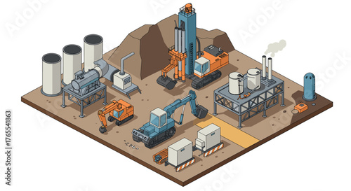 Isometric industrial construction site with machinery and equipment