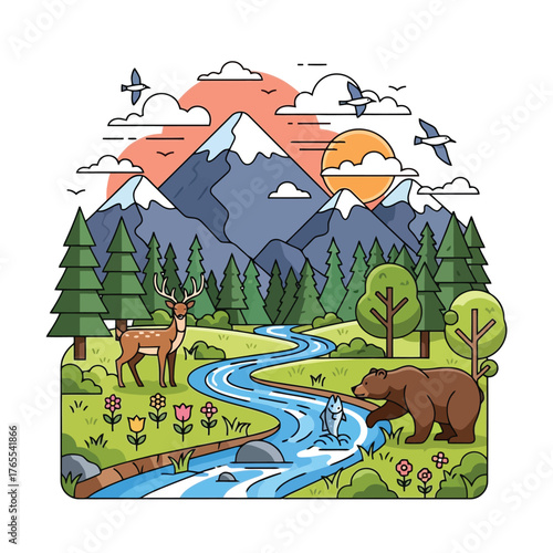 Wildlife scene with bear, deer, fish, mountains, and forest