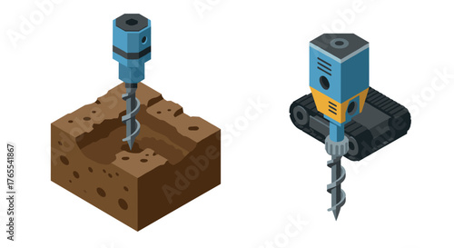 Isometric drill machines with auger bits on soil and track