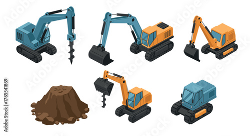 Isometric construction machinery set with excavators and bulldozers in various designs