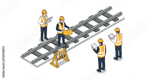 Construction workers on railway track in isometric style conducting inspection