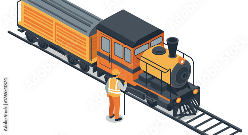 Isometric train scene with worker on rail track in bright colors