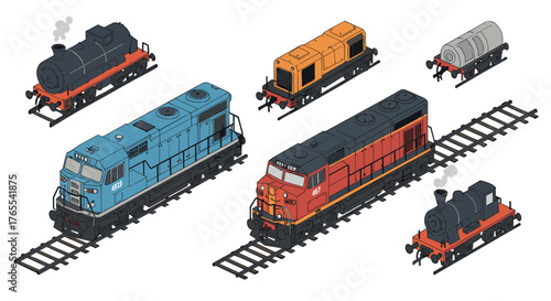 Isometric train collection: detailed locomotives and engines on tracks