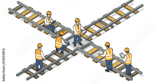 Isometric railway intersection with construction workers
