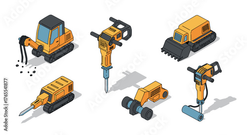 Construction equipment set featuring isometric heavy machinery icons