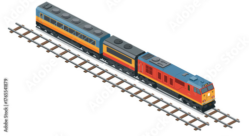Isometric colorful train on tracks: detailed and vibrant locomotive design