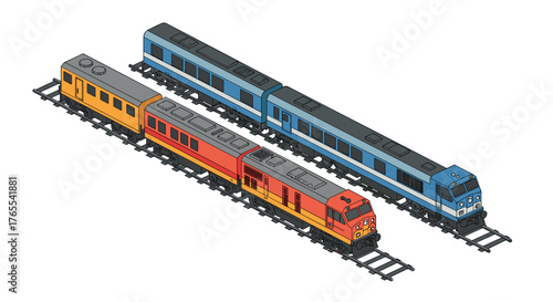 Isometric trains on tracks with colorful carriages