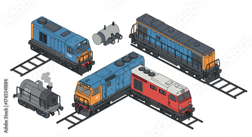 Colorful isometric train models with multiple engines and tracks