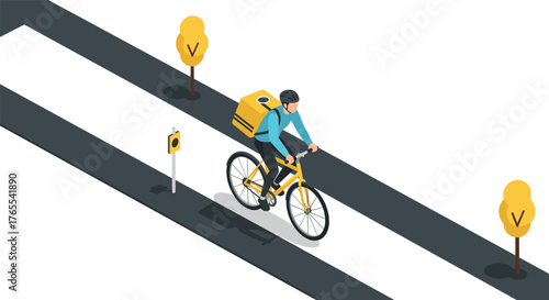 Delivery cyclist riding on city street in isometric autumn scene with yellow trees