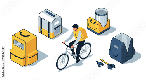 Isometric delivery concept with cyclist and modern backpacks in various styles