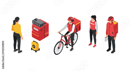 Isometric delivery service characters and equipment set