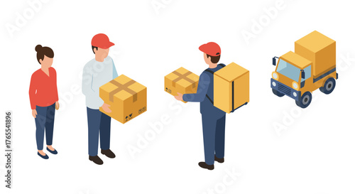 Isometric delivery service: couriers handling packages and yellow van