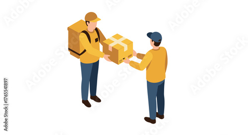 Isometric delivery service: courier handing over package to customer