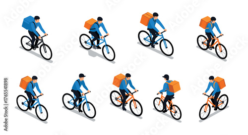 Isometric bicycle delivery figures in various poses with orange backpacks