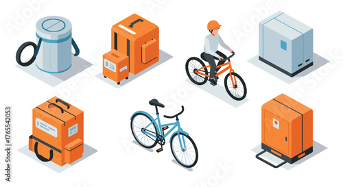Isometric urban delivery icons with bicycles and cargo boxes