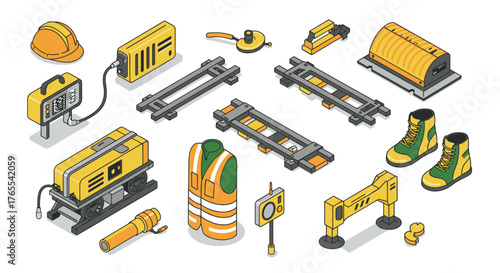 Construction equipment and safety gear in isometric style for transportation themes