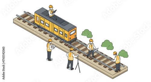 Isometric engineers working on railway with orange safety vests and helmets