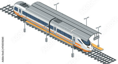Modern high-speed isometric train on railway station platform