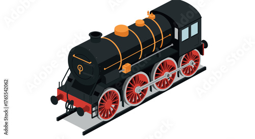 Isometric steam locomotive train on rails with orange and red accents