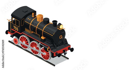 Vintage steam locomotive on tracks in isometric design with detailed features