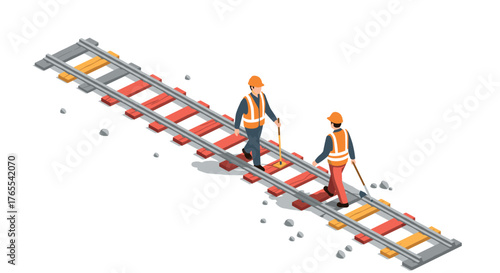 Isometric railway workers inspecting tracks in safety gear