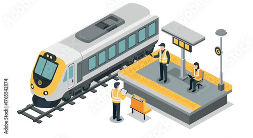 Modern isometric train station with platform and workers in high visibility vests
