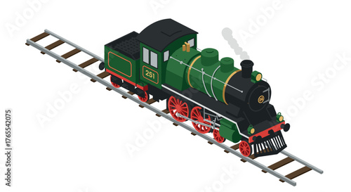 Isometric green steam locomotive on railway track with red wheels