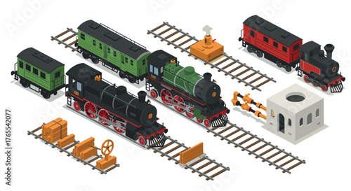 Isometric vintage locomotive set with train tracks and cargo elements