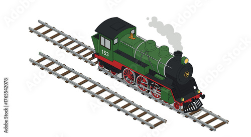 Isometric steam locomotive on railway track with smoke in green and black design