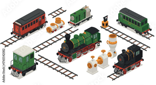 Vintage isometric trains on tracks with railway accessories in classic design