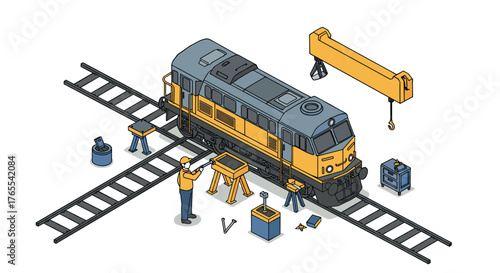 Isometric train maintenance scene with worker and tools on railroad track