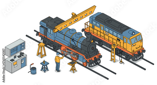 Isometric train maintenance workshop with engineers working on locomotives