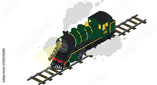 Isometric steam locomotive on track with smoke and light