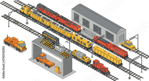 Isometric train yard scene with locomotives and depot