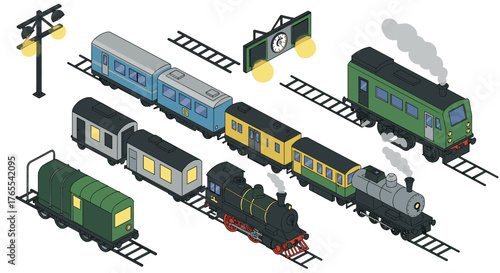 Isometric vintage and modern trains on tracks with lights and clock