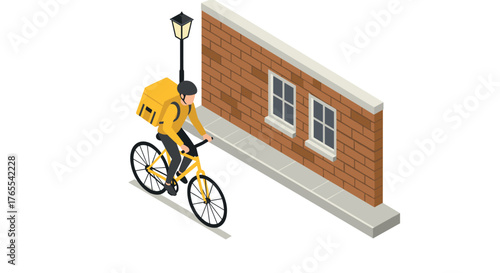 Urban food delivery cyclist in yellow jacket bicycling past brick wall
