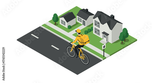 Isometric urban delivery: cyclist transporting packages in suburban neighborhood