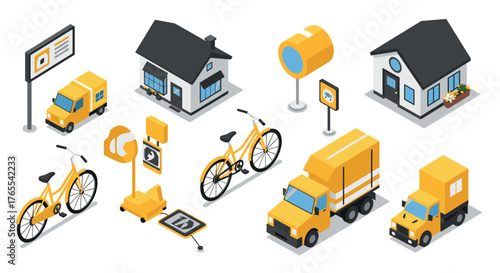 Modern transportation and delivery isometric icons set with bicycles and buildings