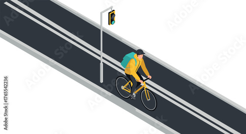 Isometric cyclist on urban bike lane with traffic light scene