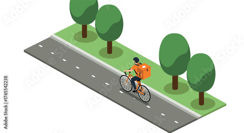 Food delivery cyclist on tree-lined path in isometric style