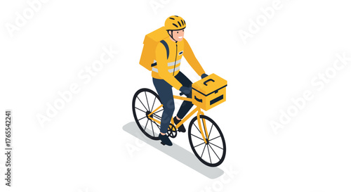 Isometric delivery cyclist with yellow uniform and package box on white background