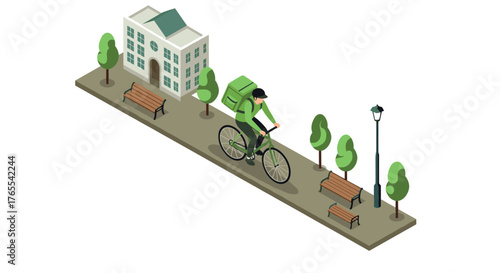 Isometric urban delivery: cyclist on path with park benches and trees