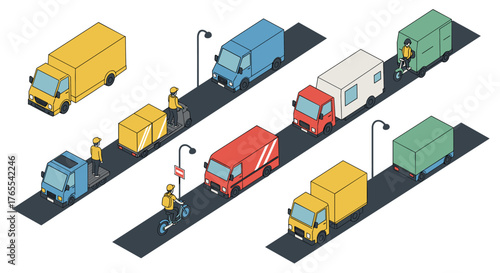 Isometric urban delivery vehicles and couriers on city street