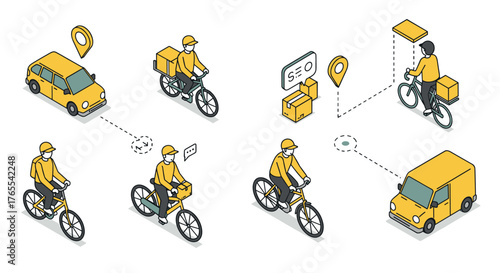 Isometric delivery concept with cyclists and vehicles featuring parcel tracking and navigation