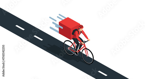 Isometric cyclist delivering package on road for fast delivery service