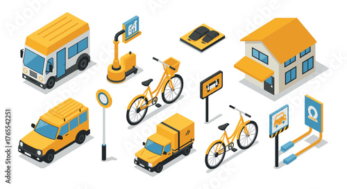 Yellow urban transportation and infrastructure in isometric style