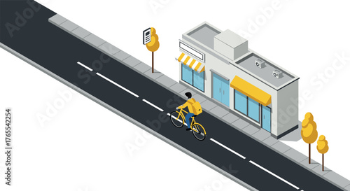 Isometric city scene with cyclist on urban road near modern storefront