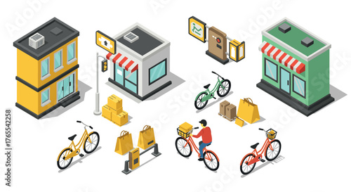 Isometric urban delivery concept with bikes and buildings