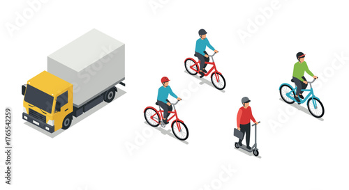 Isometric transport: cyclists and scooter alongside delivery truck on white background